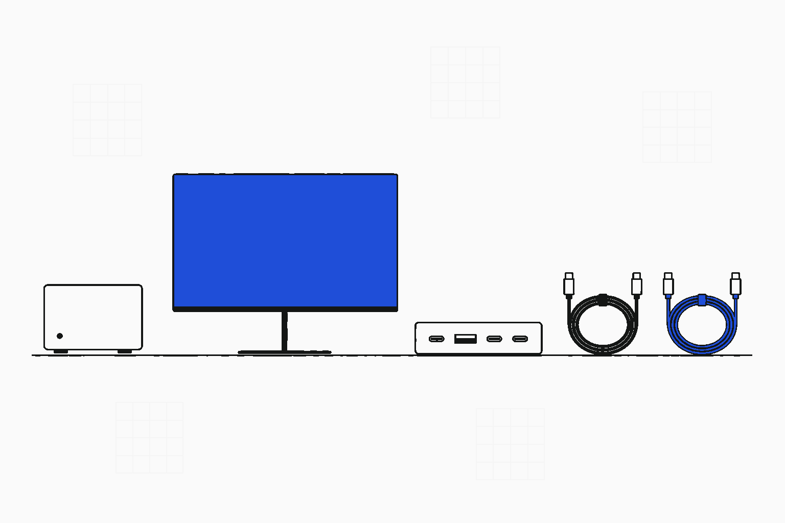 미니 PC와 모니터, USB-C 허브와 케이블을 나란히 그린 일러스트